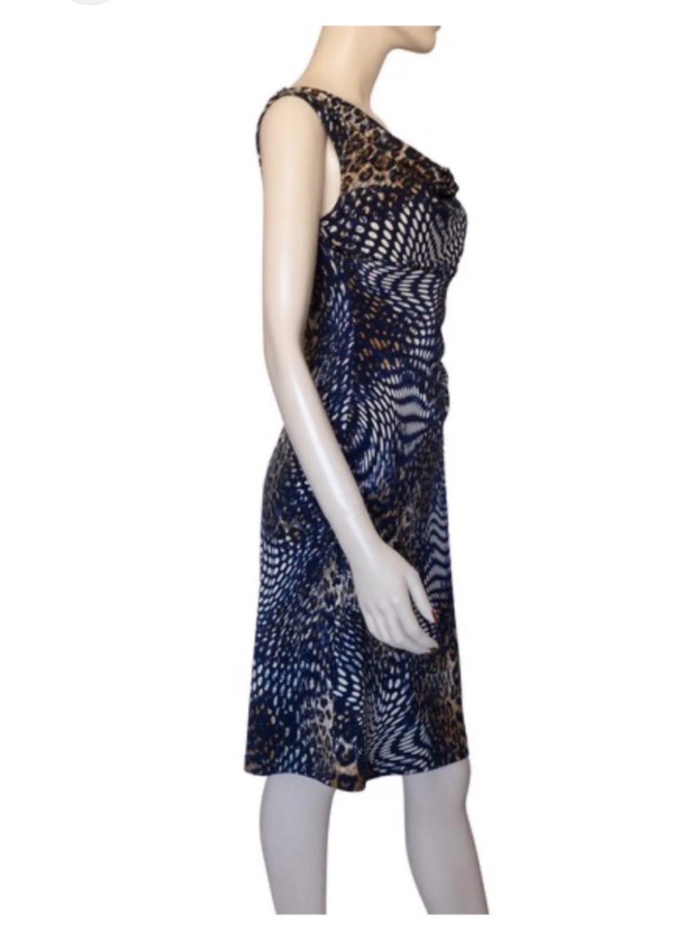 Cowl-Neck Navy and Brown Printed Midi Dress